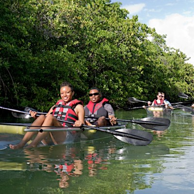 customers in clear kayaks during the day